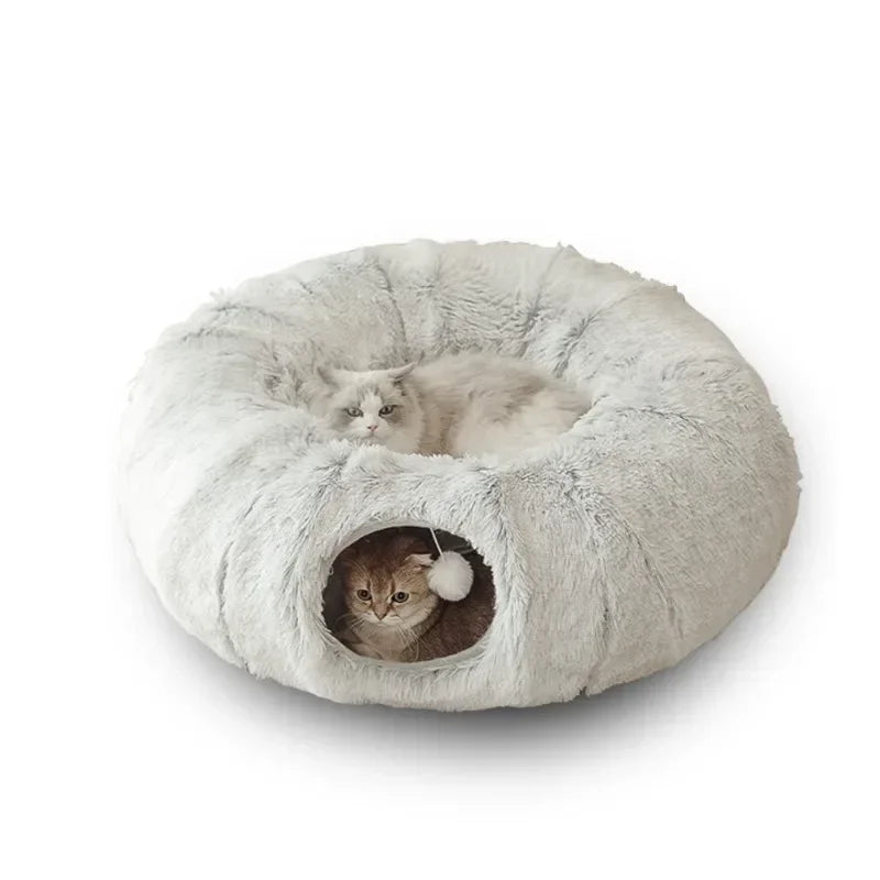 Plush Cat Bed with Tunnel - Fluffy Donut Cat Bed for...