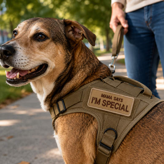 Dog Harness Patch - Embroidered Tan Velcro Backing, Mama...