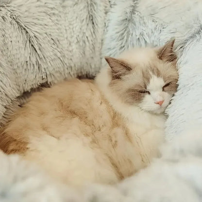 Plush Cat Bed with Tunnel - Fluffy Donut Cat Bed for...