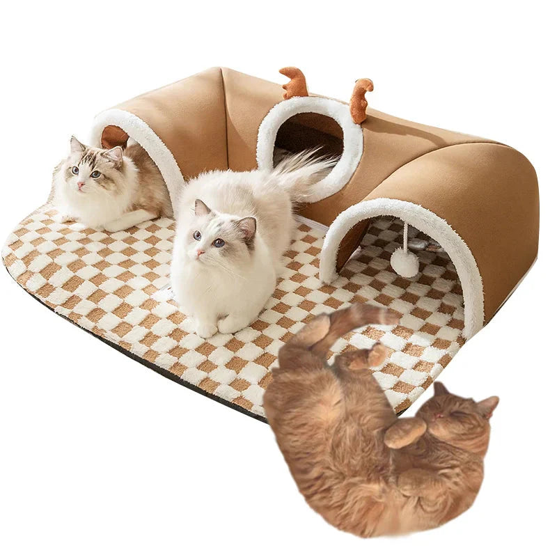 Pet Cat Tunnel Bed House with Peekaboo Plush Toy for...