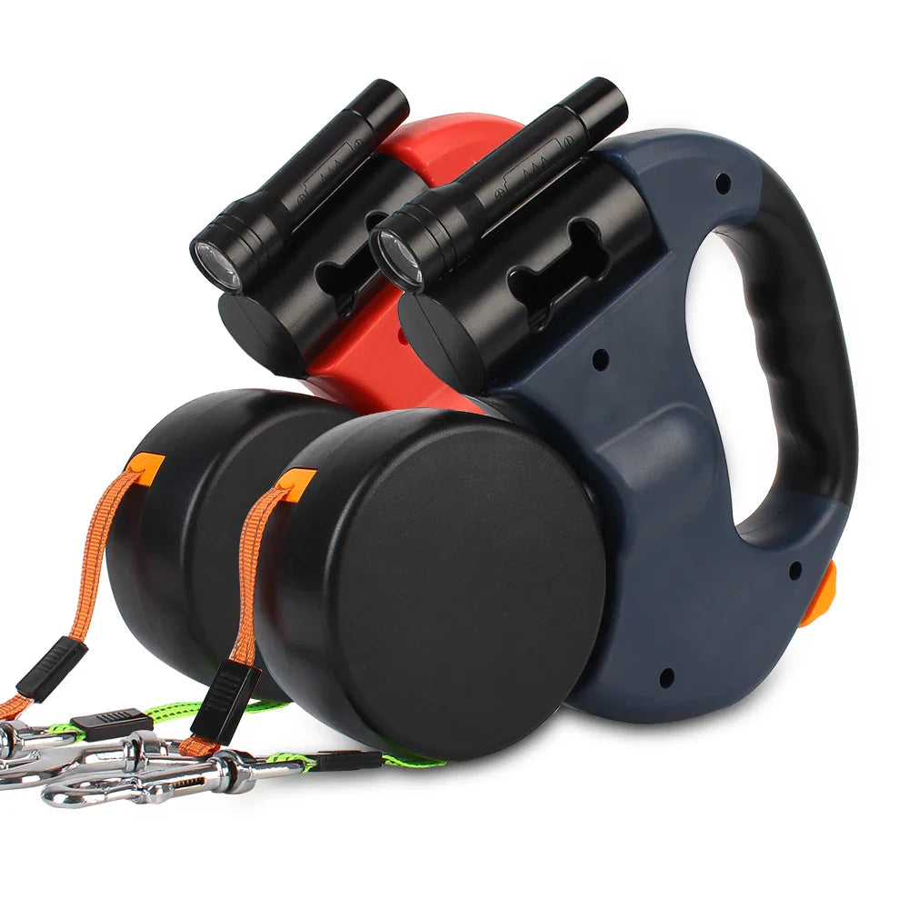 Dual Dog Leash 3m Retractable with Flashlight & Waste...