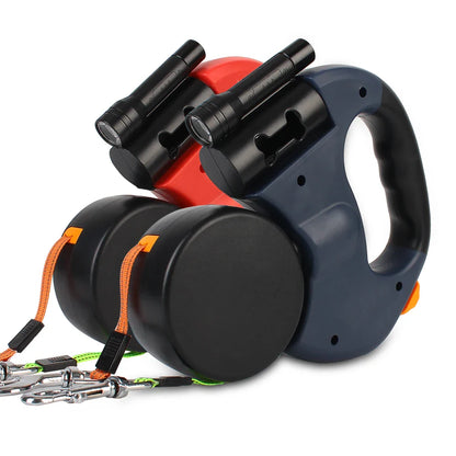Dual Dog Leash 3m Retractable with Flashlight & Waste...