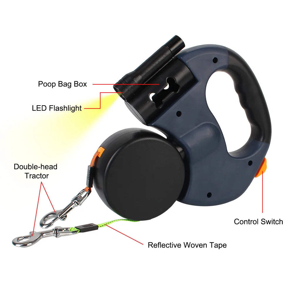 Dual Dog Leash 3m Retractable with Flashlight & Waste...