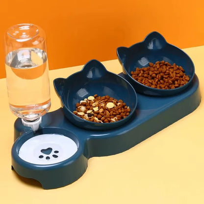 Triple Cat Bowls Pet Feeder with Automatic Drinking...