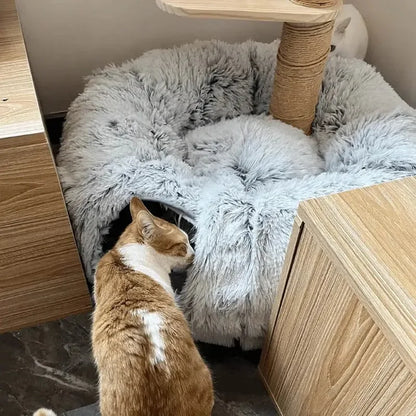 Plush Cat Bed with Tunnel - Fluffy Donut Cat Bed for...