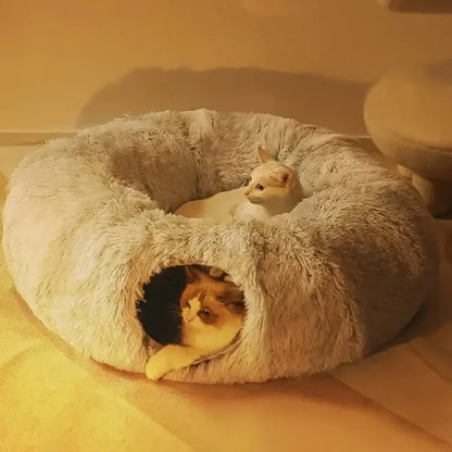 Plush Cat Bed with Tunnel - Fluffy Donut Cat Bed for...