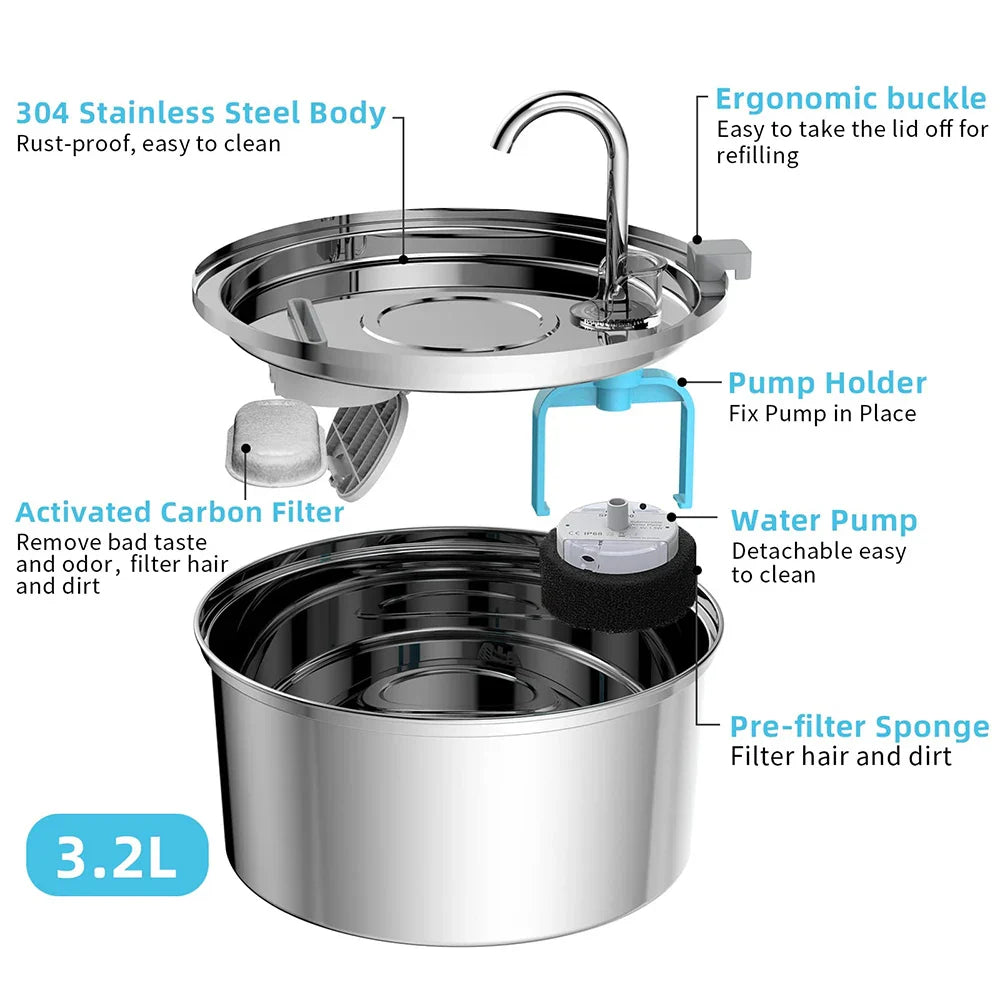 Stainless Steel Automatic Pet Water Fountain USB Mute...