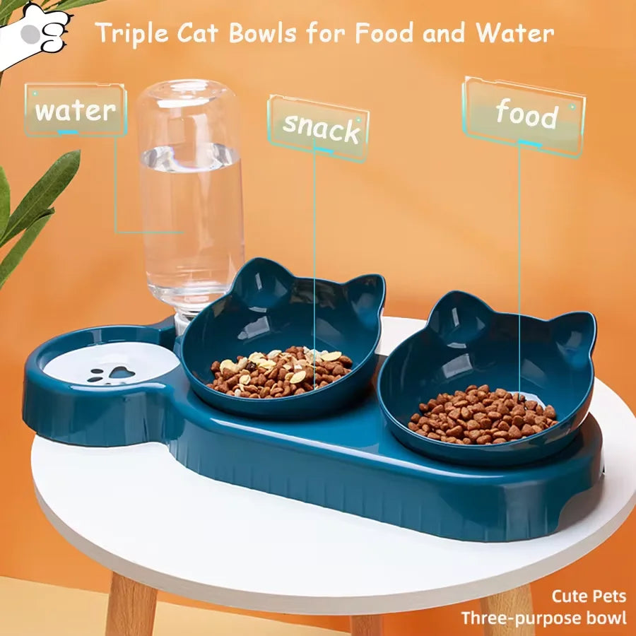 Triple Cat Bowls Pet Feeder with Automatic Drinking...