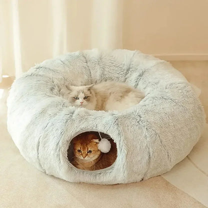 Plush Cat Bed with Tunnel - Fluffy Donut Cat Bed for...