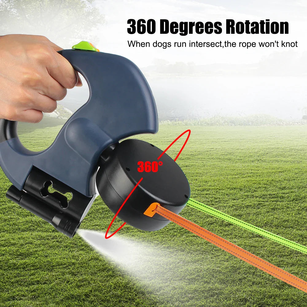 Dual Dog Leash 3m Retractable with Flashlight & Waste...