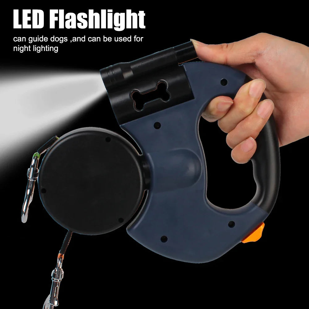 Dual Dog Leash 3m Retractable with Flashlight & Waste...