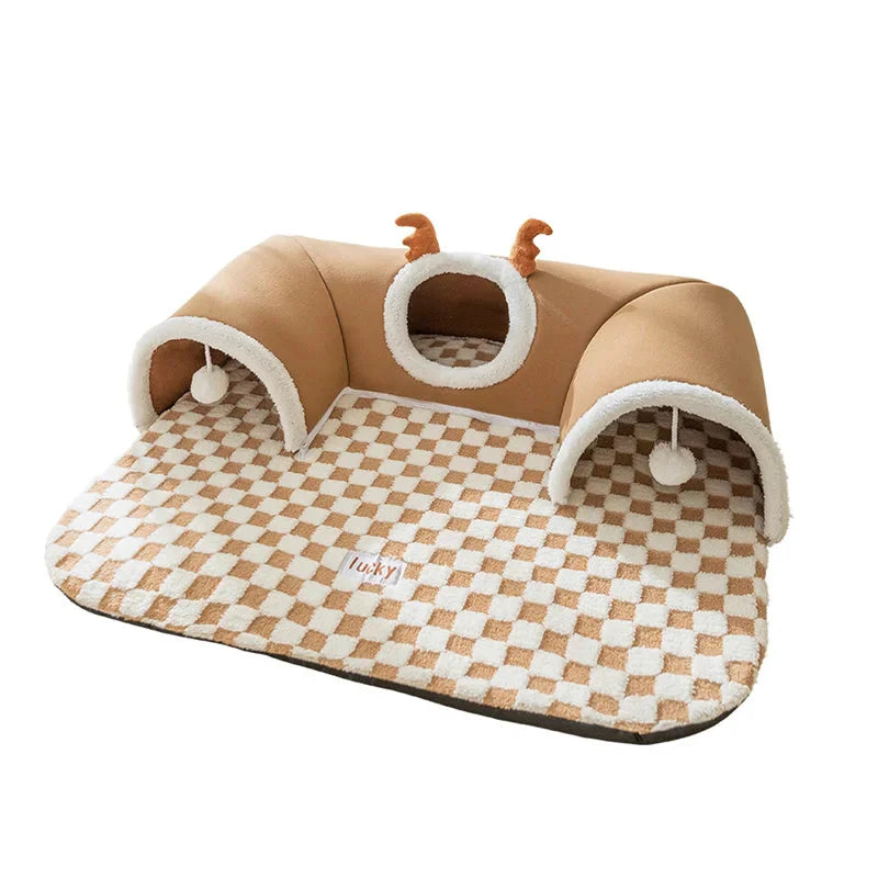 Pet Cat Tunnel Bed House with Peekaboo Plush Toy for...
