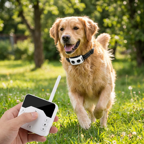 Pet wireless electronic fence training collar worn by dog outdoors