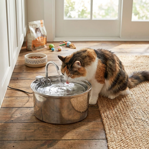 Automatic pet water fountain in use