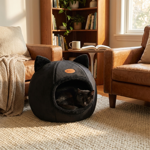 Cozy cat cave bed in use