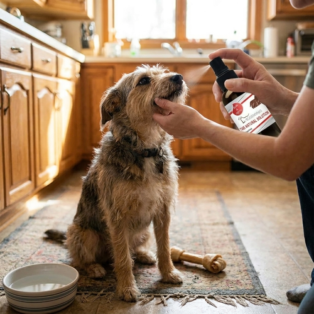 Pet dental spray in use