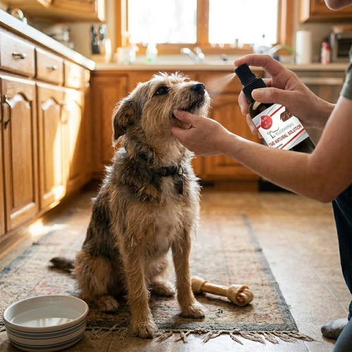 Pet dental spray in use