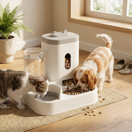 Automatic feeder bowl with water fountain in use