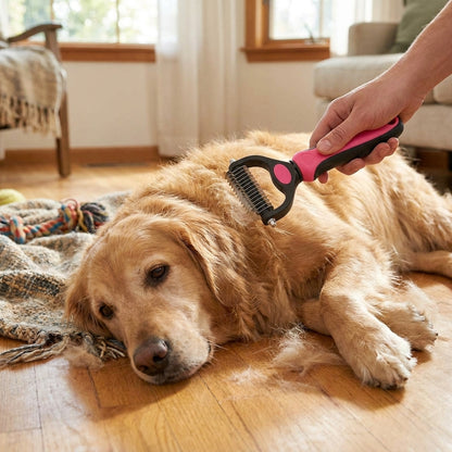 Deshedding brush in use