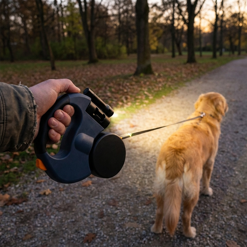 Dual dog leash with flashlight in use