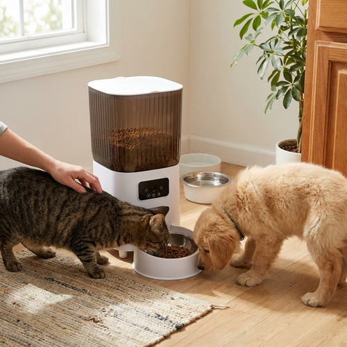 Smart cat feeder with camera in use
