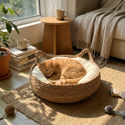 Woven cat nest in use