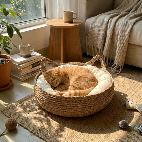 Woven cat nest in use
