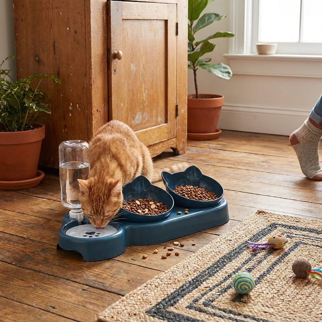 Triple cat bowls feeder in use