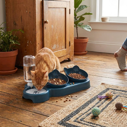Triple cat bowls feeder in use
