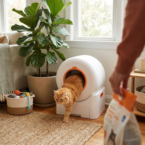 Automatic cat litter box in room