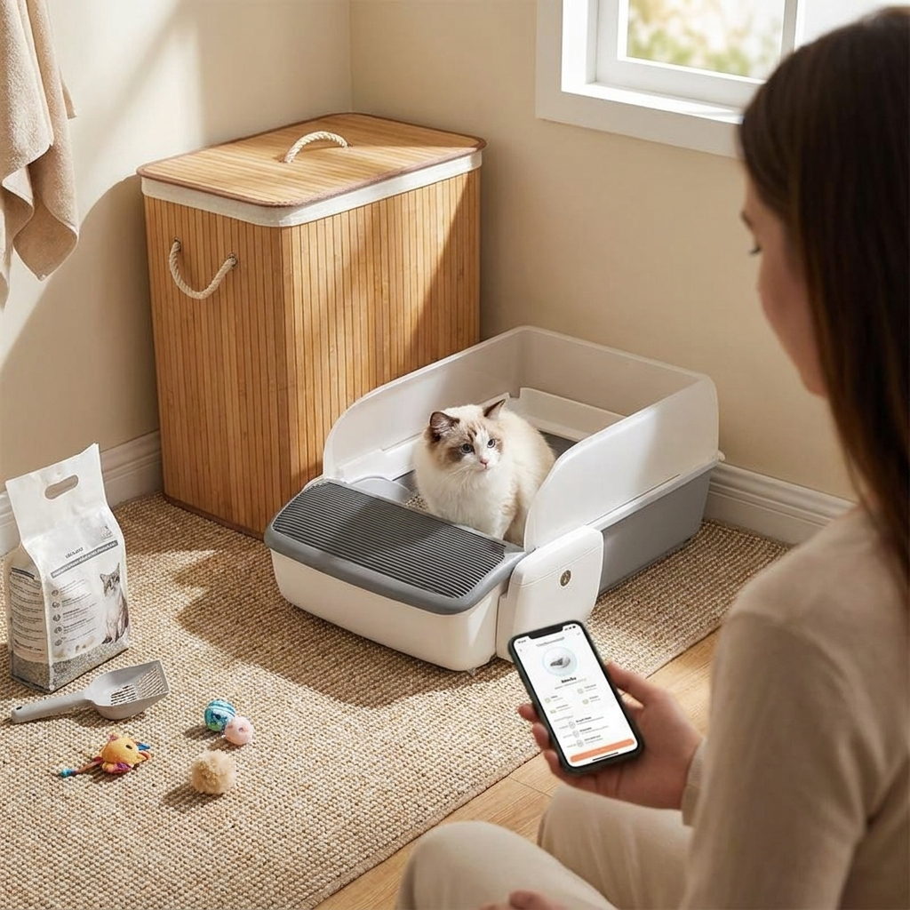 Self cleaning litter box in room
