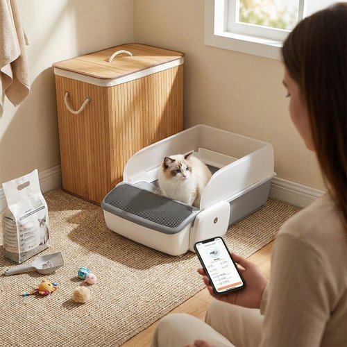 Self cleaning litter box in room