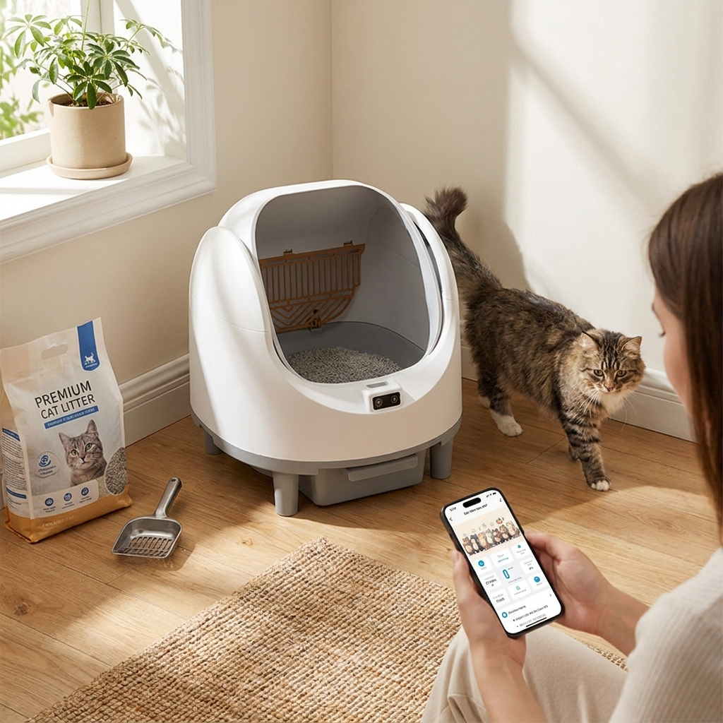 Litter box with stairs in room