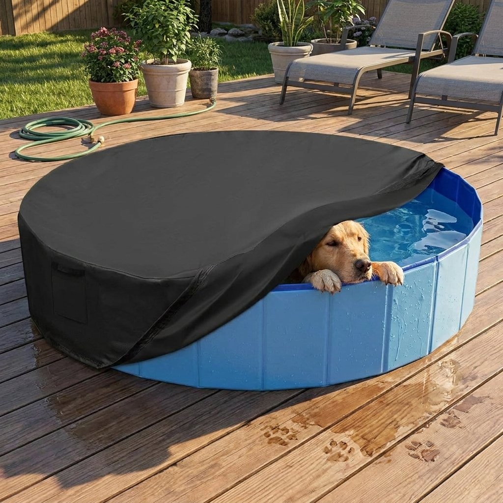 Dog pool cover on backyard pool