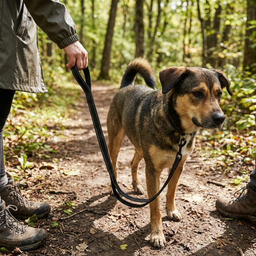 Reflective dual-handle dog leash in use