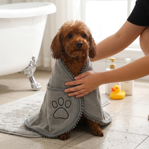 Dog towel wrap with hand pockets in use