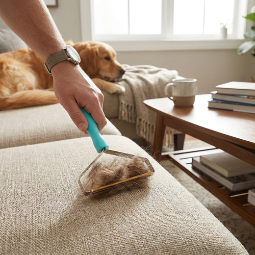 Pet hair removal carpet rake in use