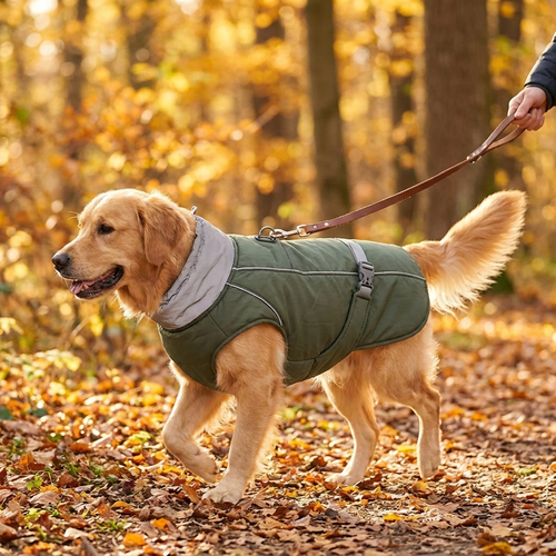 Water-resistant dog coat worn outdoors