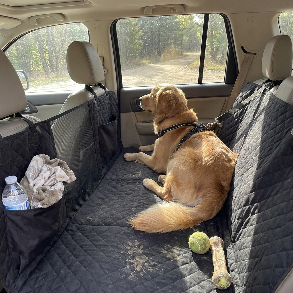 Car seat hammock cover with mesh window in use