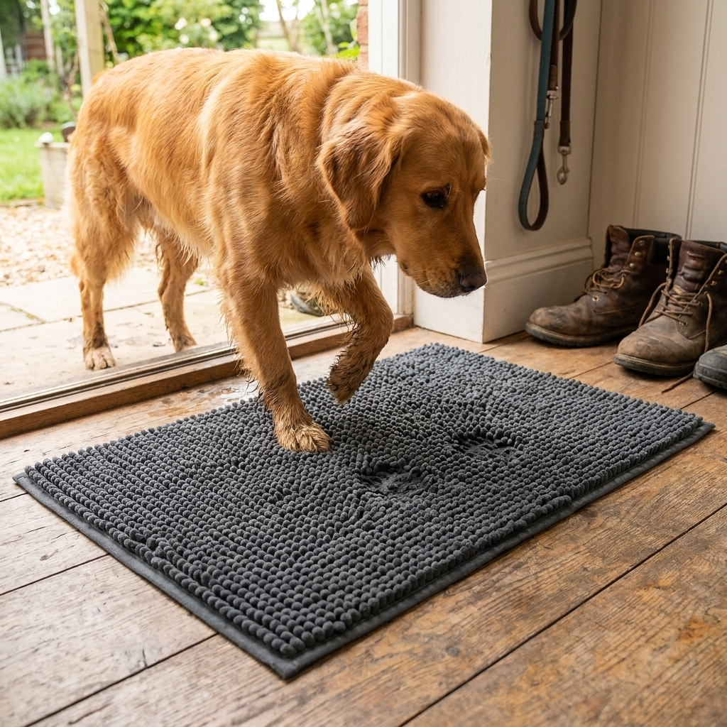 Paw-drying floor mat in use