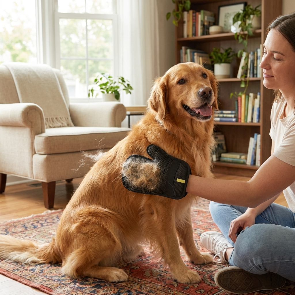 Pet hair removal glove in use