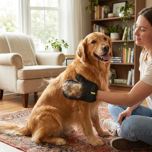 Pet hair removal glove in use