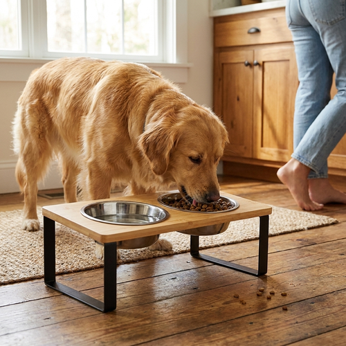 Elevated dog bowls with wooden stand in use