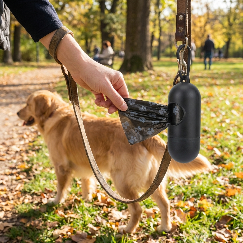 Dog waste bags with dispenser in use