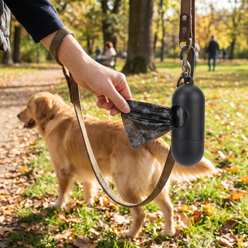Dog waste bags with dispenser in use