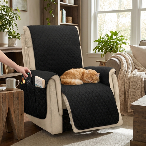 Couch cover with side pockets in use