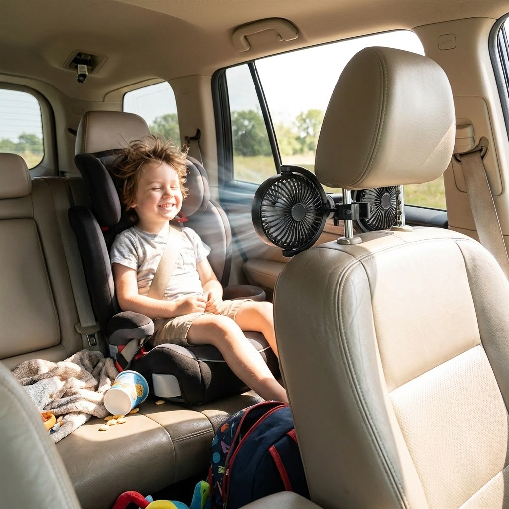 Backseat car fan for pets in use