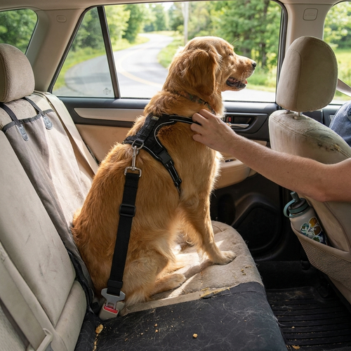 Dog car seat belt restraint in use