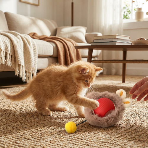 Plush interactive cat ball toy in use