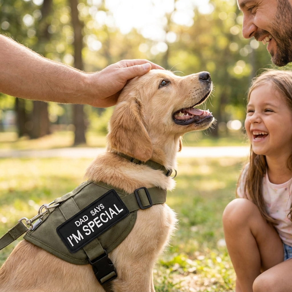 Dad says special dog harness patch